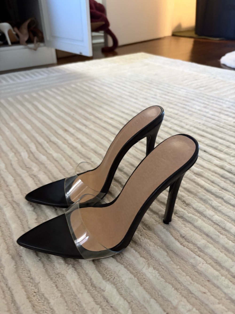 Clear-Strap Pointed-Toe Mule in Black